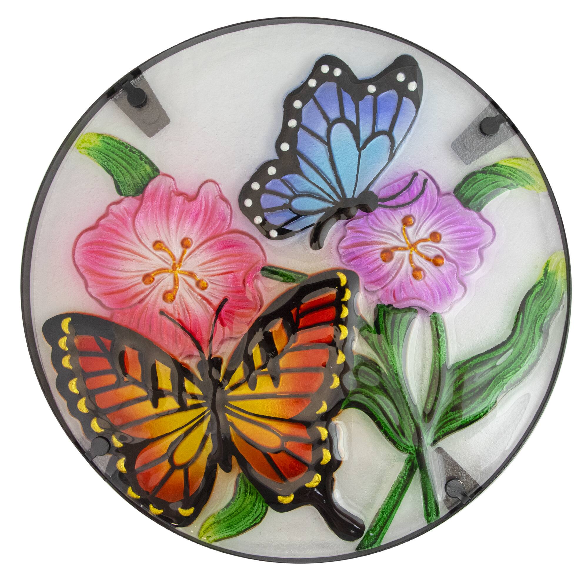 19" Floral & Butterfly Glass Patio Side Table
